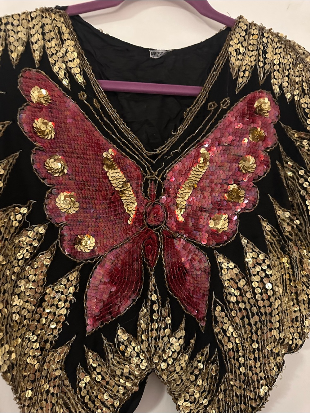 Vintage Black Crop Top with Red Sequin Butterfly and Gold Sequins - Picture 3 of 5